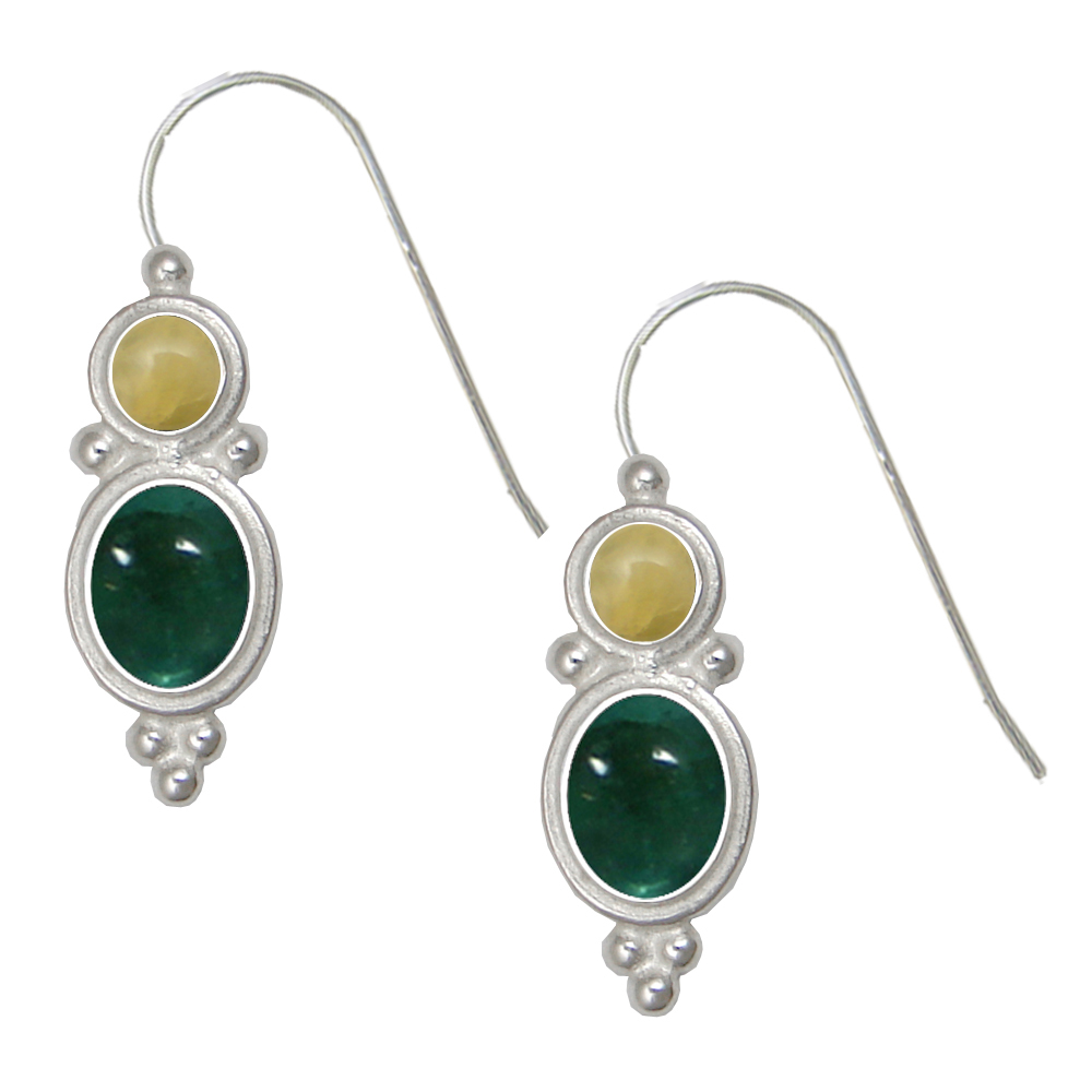 Sterling Silver Drop Dangle Earrings Fluorite And Yellow Aragonite